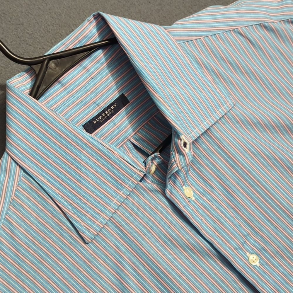 Burberry Shirt Men's 16.5 / L Blue Pink Striped Long Sleeve Button Down USA Made